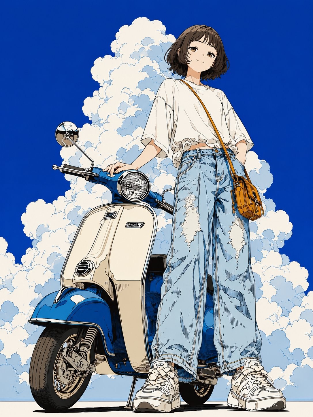 A relaxed young woman in oversized clothes stands beside a vintage scooter in a cool summer mood