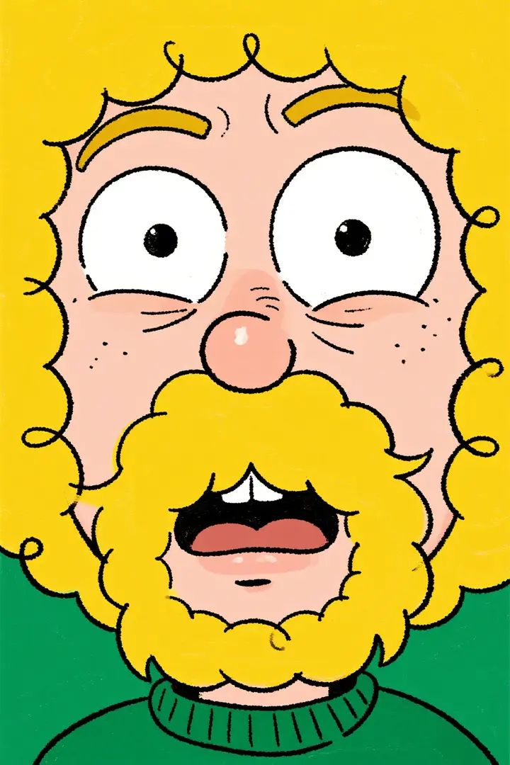 A quirky avatar features a character with yellow curly hair making an exaggerated eye-roll expression
