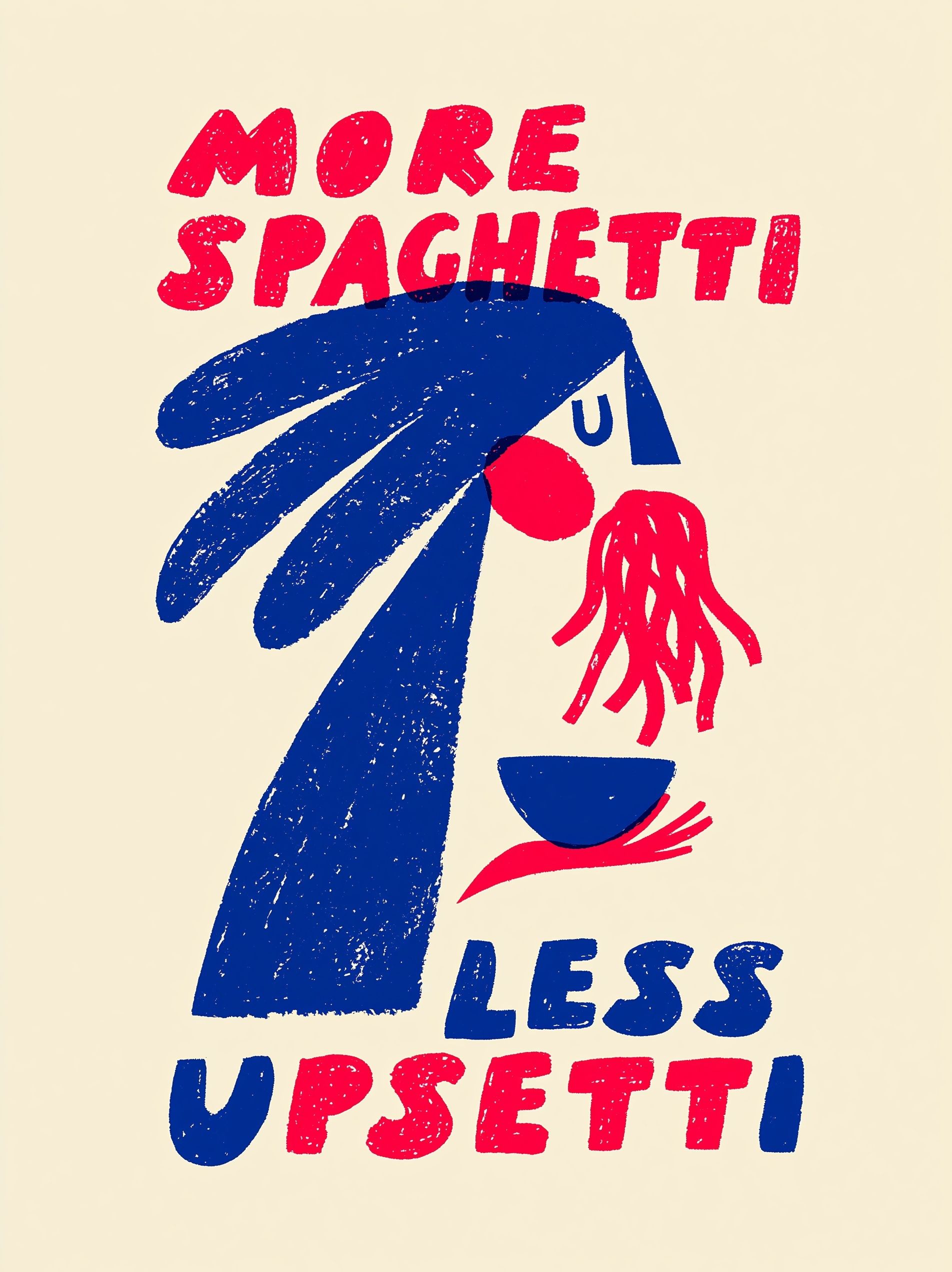 Eine Frau isst Spaghetti mit kühner Vintage-Typografie, die MEHR SPAGHETTI WENIGER UNRUHE sagt