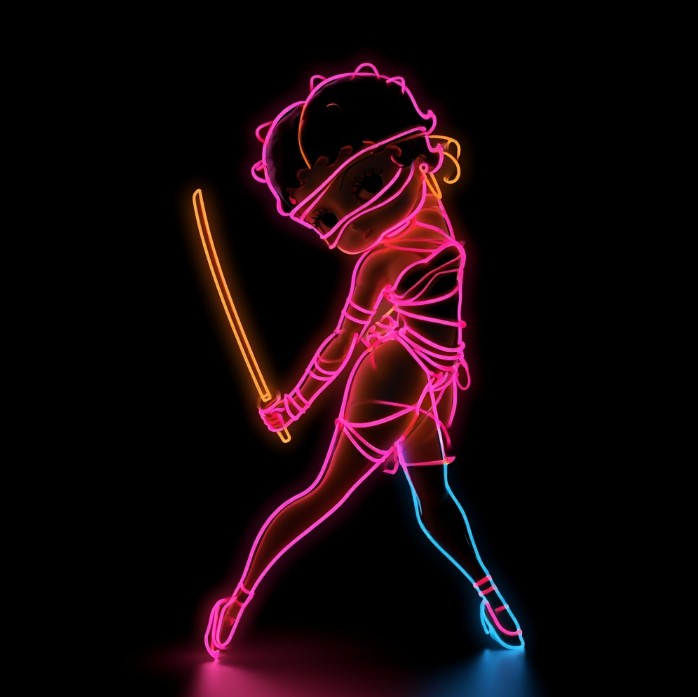 A vibrant digital illustration capturing a cyberpunk atmosphere with neon tube lighting and retro-futuristic elements