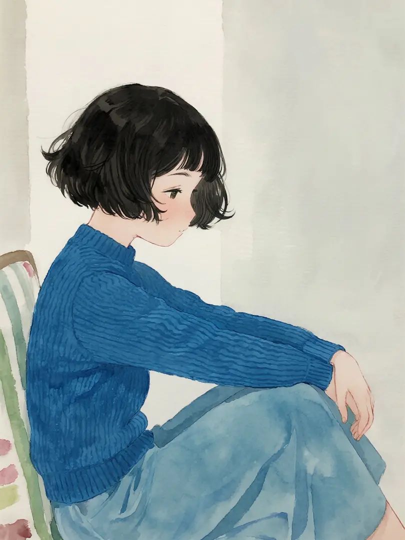 امرأة ترتدي سترة زرقاء غامقة وتنورة بمتوسط الطول تجلس بمفردها بهدوء