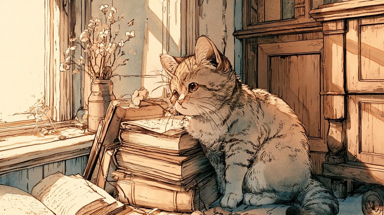 A small cat sitting next to a stack of books in a cozy room