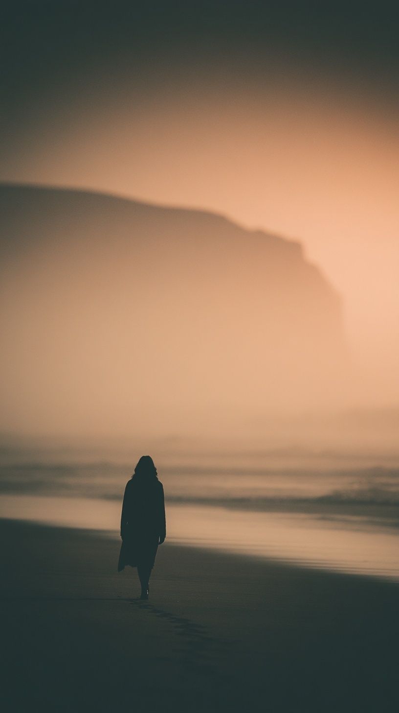 Le personnage marche lentement sur une plage presque déserte, contemplant la mer vaste