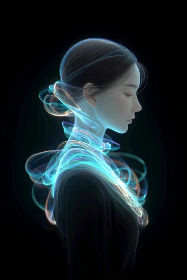 Retrato digital etéreo con trazos de luz brillantes que fluyen