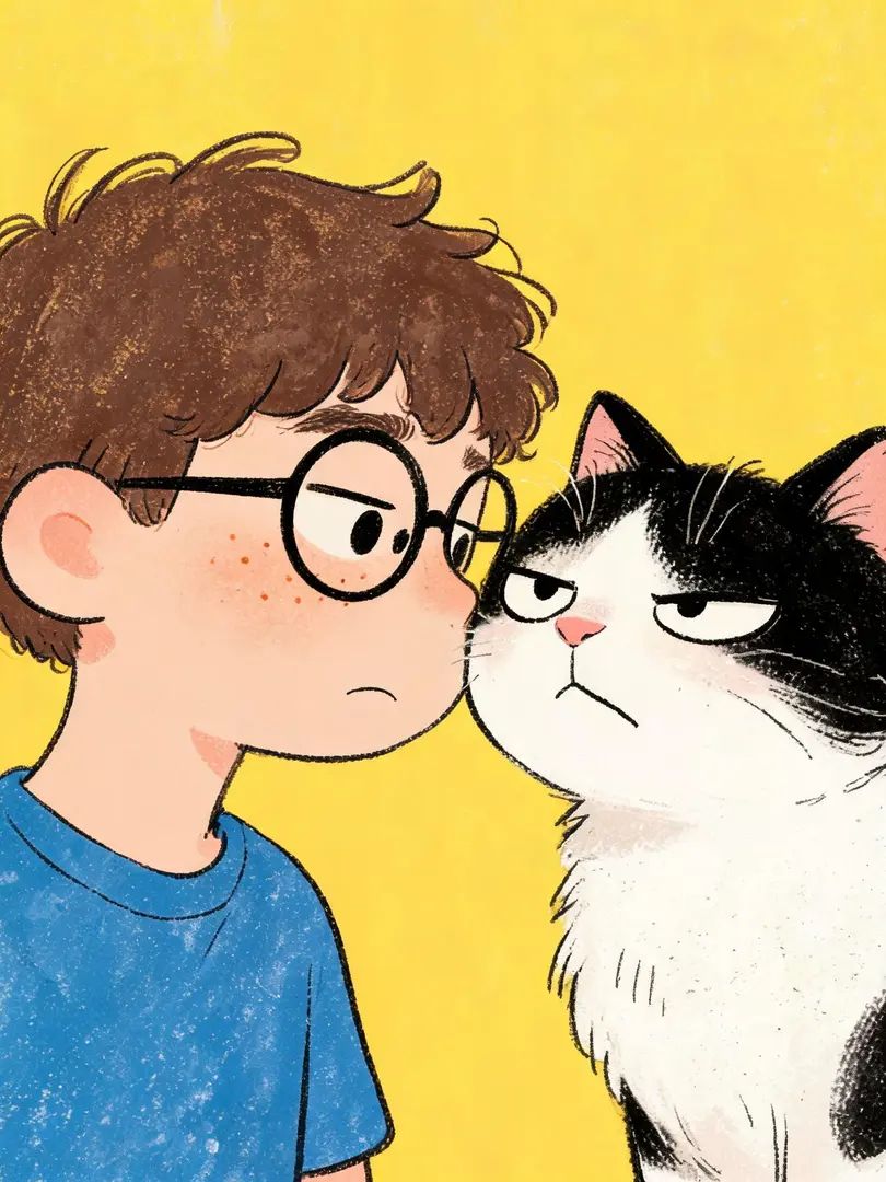 カートゥーンスタイルのイラストには、丸いメガネをかけた男の子と白黒の猫の癒しのシーンが描かれています