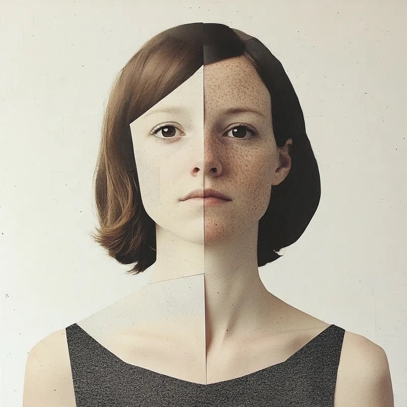 El retrato moderno combina arte collage y minimalismo, mostrando ricas capas de detalle