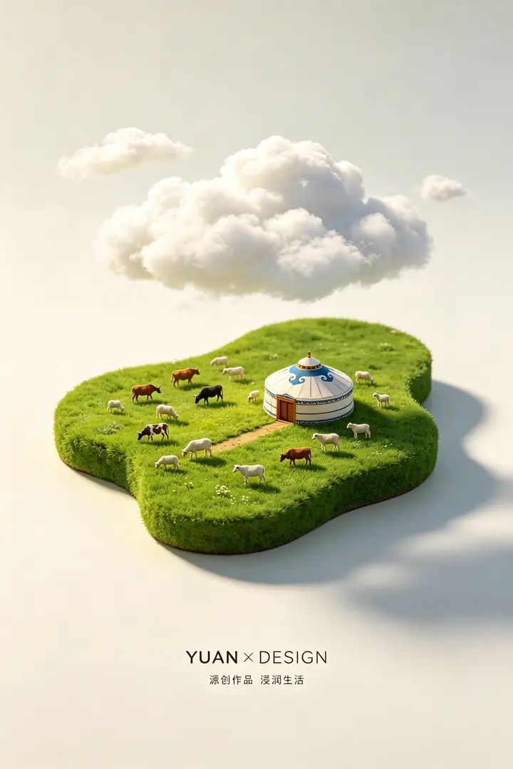 Das 3D-Posterdesign im DreamWorks-Stil zeigt eine natürliche und frische Wiese mit Jurten