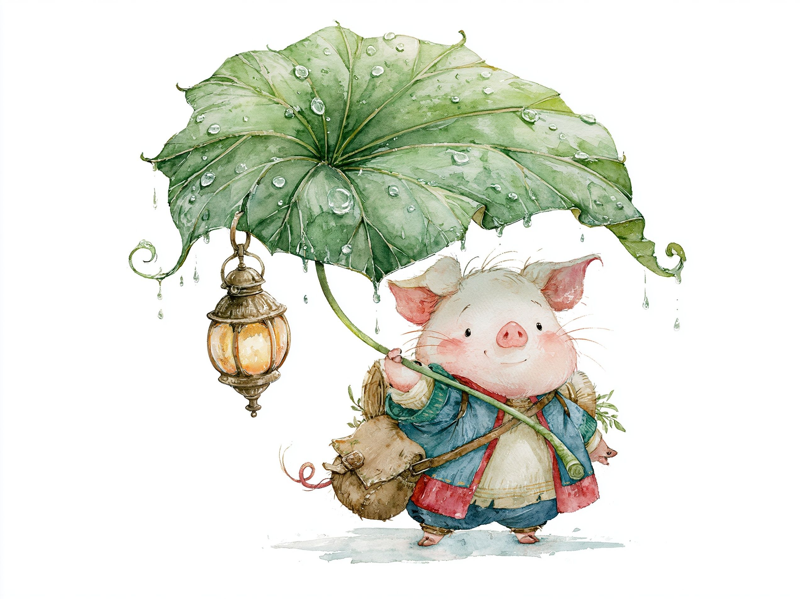 Dreamlike watercolor clipart features a piglet using a large dew-covered leaf as an umbrella in the rain