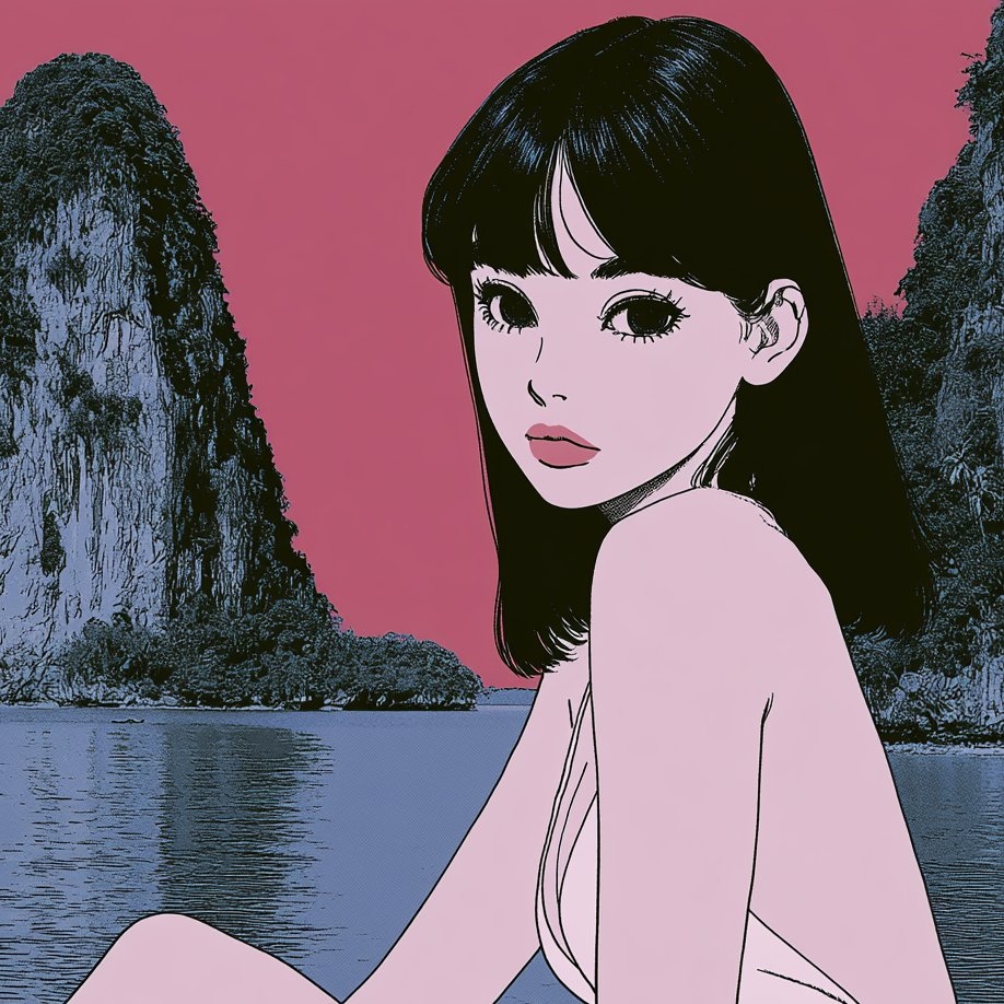 A retro 1980s Japanese manga illustration features a doe-eyed woman with pale pink skin and dark hair against a moody tropical backdrop