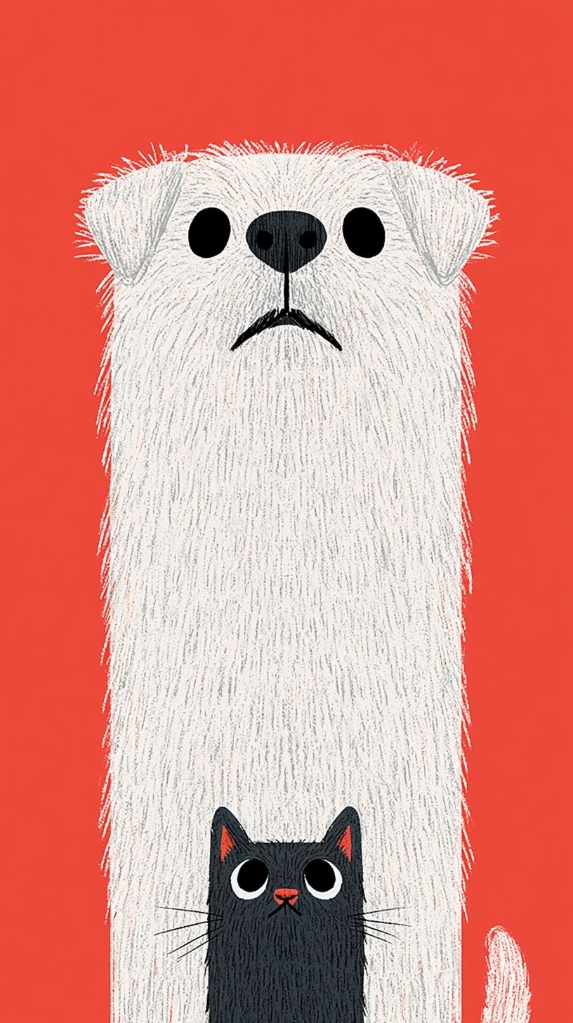 A white dog at the lower part of the frame with only the whites of her eyes visible, against a red background and a cat in the bottom third of the frame