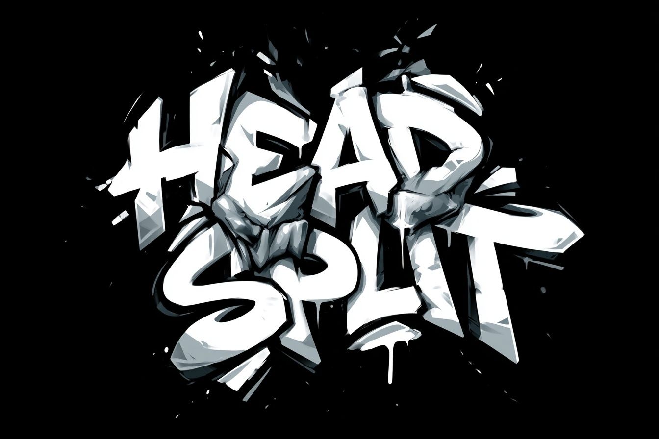 Graffiti mit der Aufschrift HEAD/SPLIT auf schwarzem Hintergrund