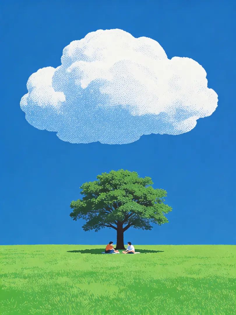 Une illustration avec un ciel bleu, des nuages blancs et un grand arbre sur une pelouse verte