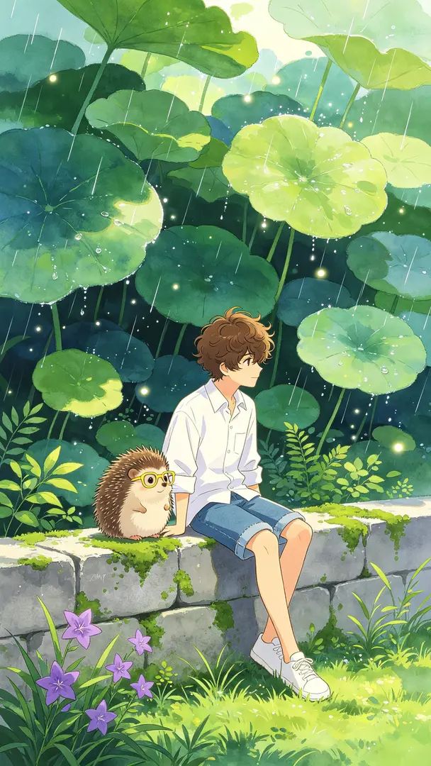 La ilustración retrata a un niño de cabello castaño y un erizo tierno sentados en una pared de piedra cubierta de musgo