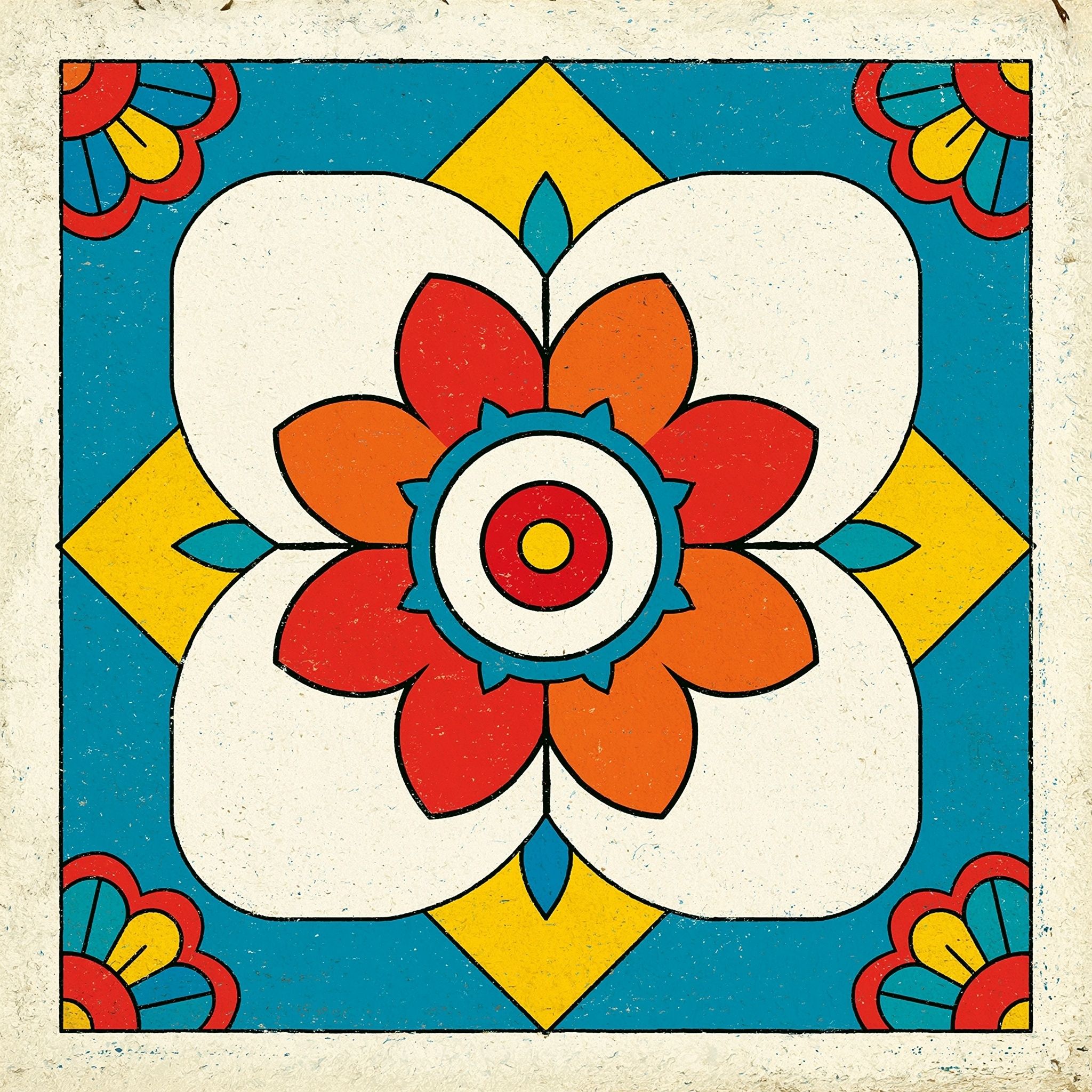 Simple icon of blue and orange geometric Azulejo tile