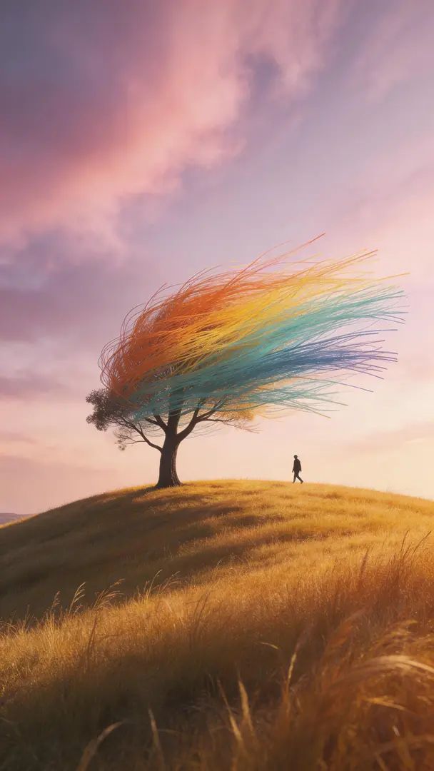 Una pintura digital surrealista de un árbol solitario en una colina de hierba dorada, con la silueta de una persona caminando debajo