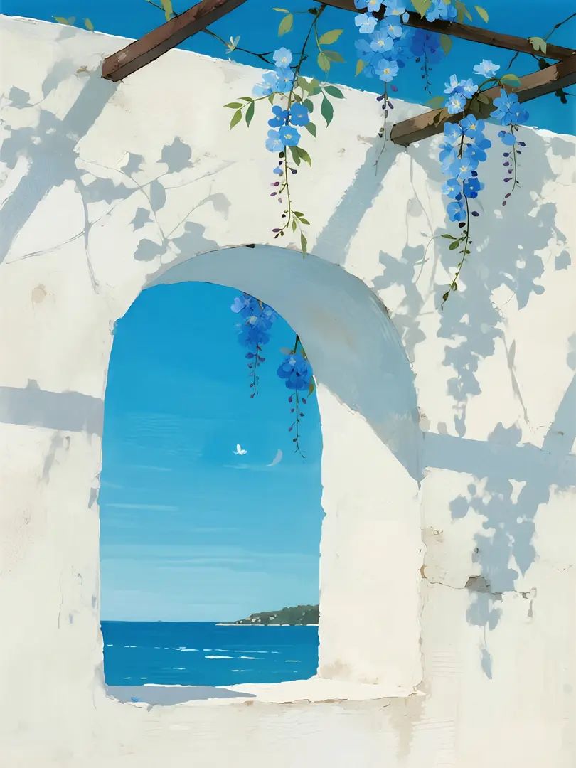 展示梦幻色调的白墙与蓝花的场景