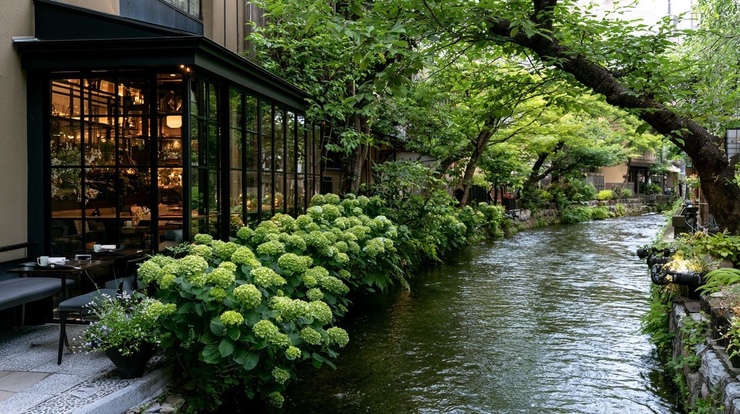 This stylish modern cafe along the Takase River in Kyoto has hydrangeas blooming in front
