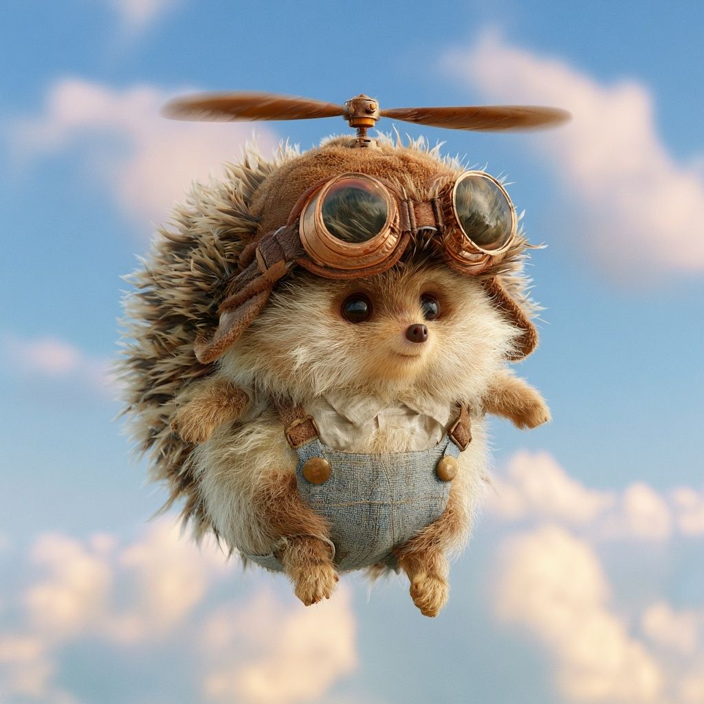 A cartoon hedgehog in a propeller hat in the sky