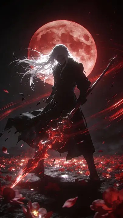 No escuro, um personagem em uma robe gótica preta segura uma arma de energia vermelha, mostrando uma postura de combate