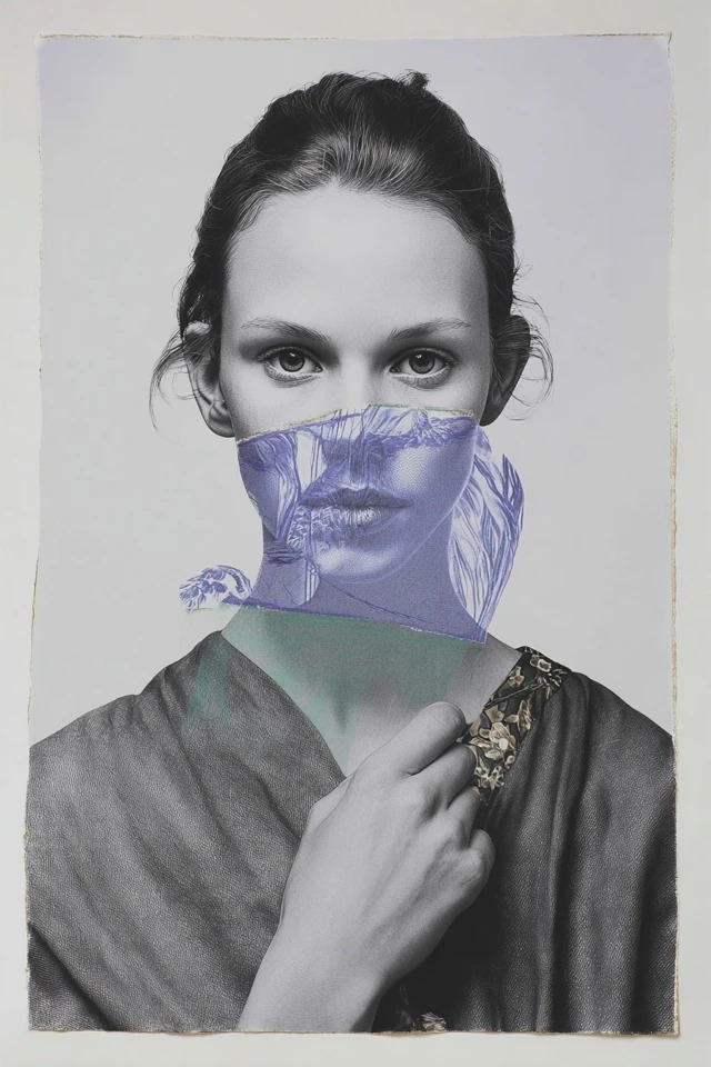 Realismo en grafito monocromo interrumpido por superposición de collage violeta translúcido