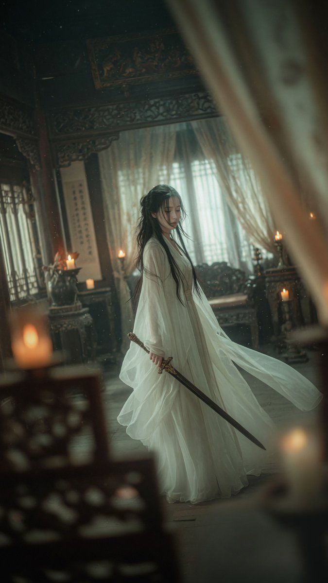 Une mystérieuse épéiste en hanfu blanc se tient dans une ancienne chambre chinoise