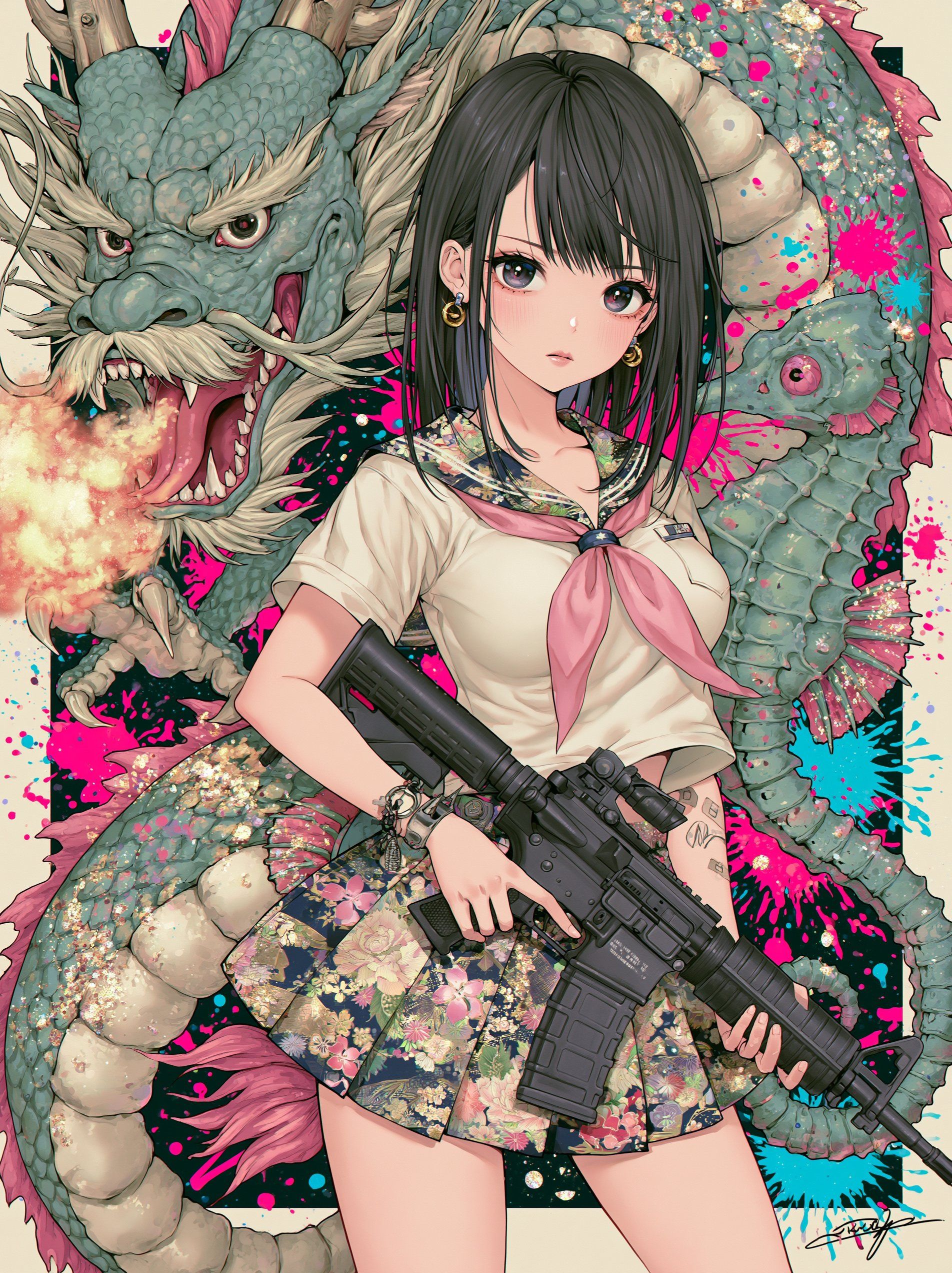 Una estudiante con uniforme de marinera sostiene un rifle M4 rodeada por un dragón azul oriental