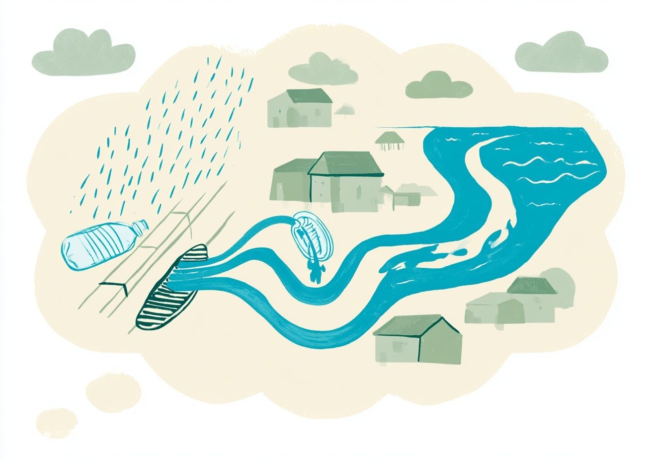 Une illustration dans un livre pour enfants montrant une bouteille en plastique entraînée par la pluie vers un égout et vers la mer