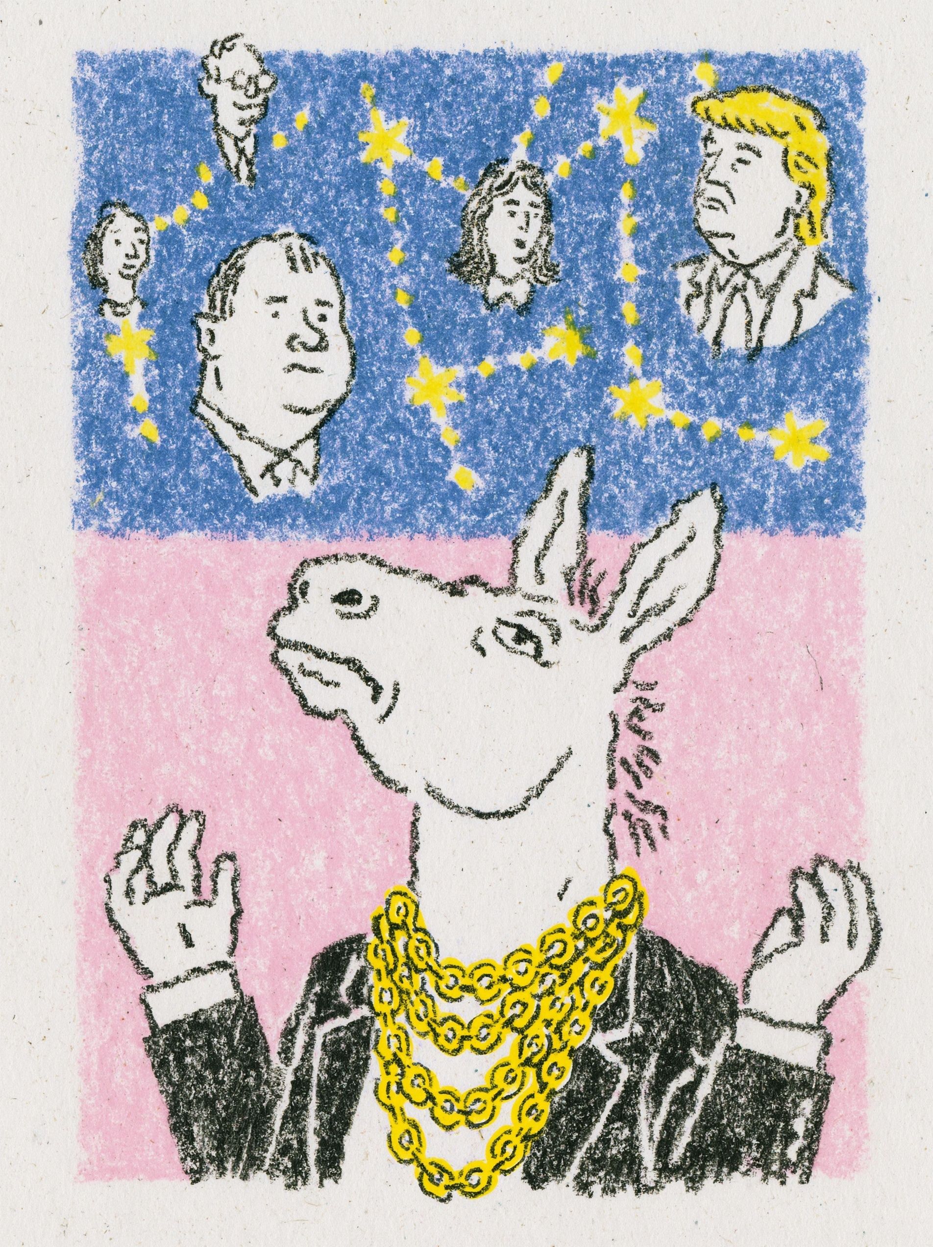 Um híbrido de burro desenhado à mão, solitário, olhando para cima com os braços levantados como se perguntasse ao céu, cercado por figuras de sucesso distantes