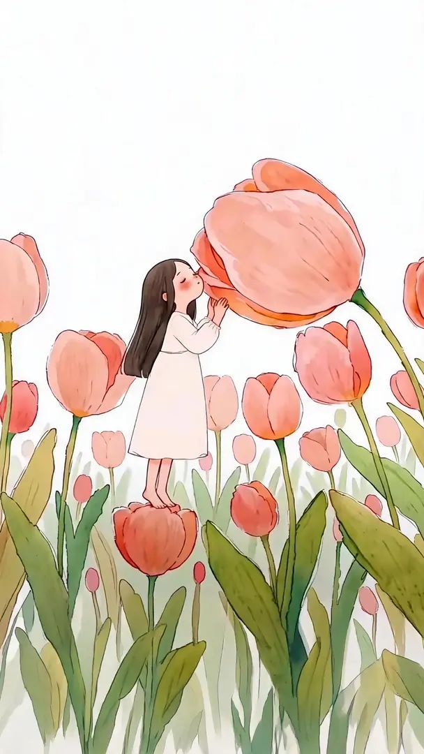 白いドレスを着た女の子がピンクのチューリップにキス