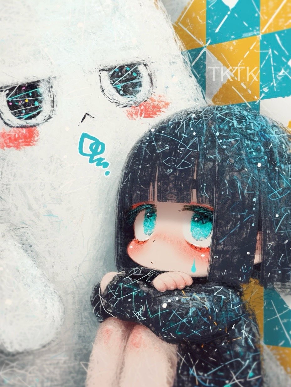 一位小女孩与一只巨兔在抽象几何碎片中相拥