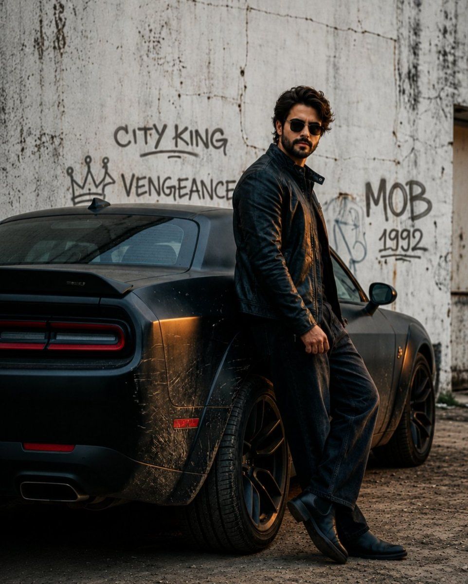 A handsome 32-year-old man leans against a black car