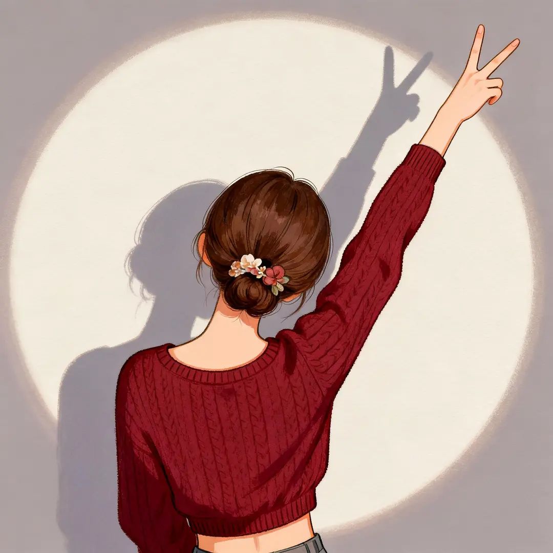 A girl is wearing a wine-red cropped knit top and making a 'V' sign with her hand