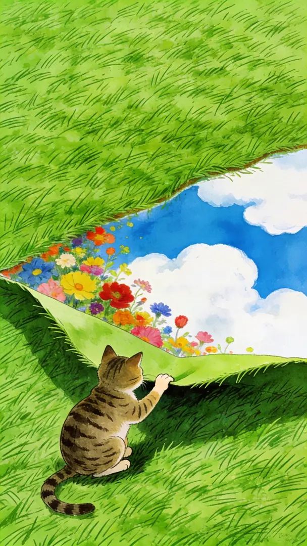 イラストは、緑の草の中で草をめくって青空と花を露出させる子猫を描いています