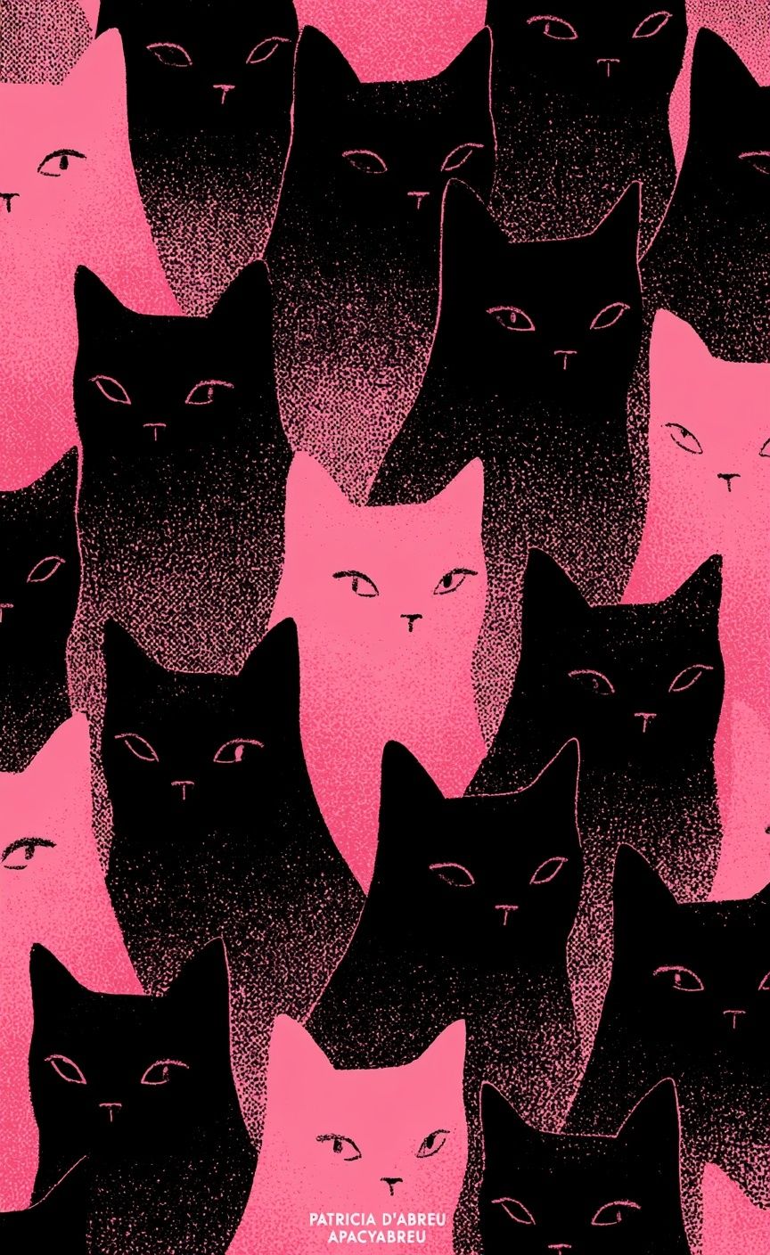 A graphic pattern of black and pink cat heads on a lighter pink background