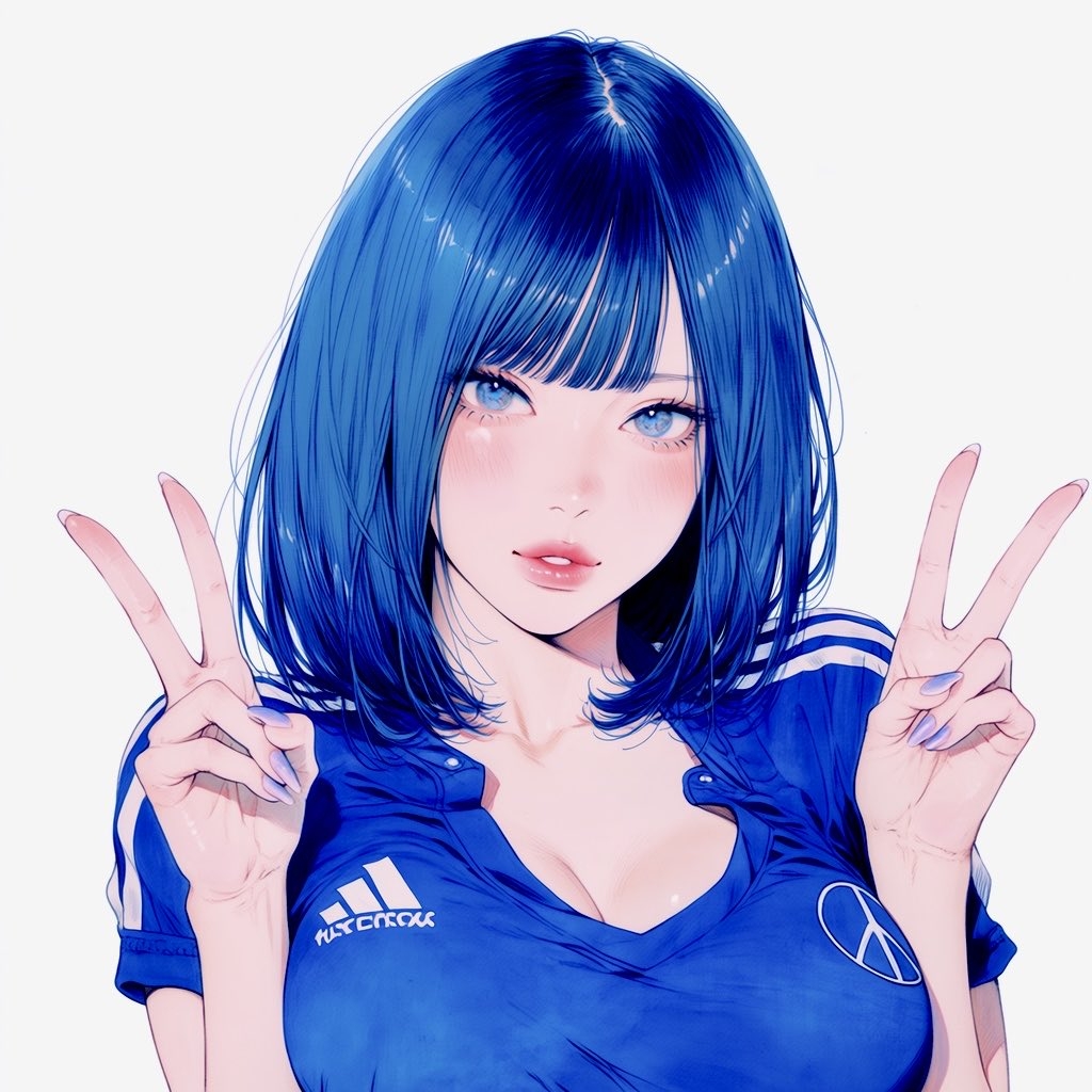 一位蓝发短发的女孩穿着运动Polo衫，双手比出V字手势