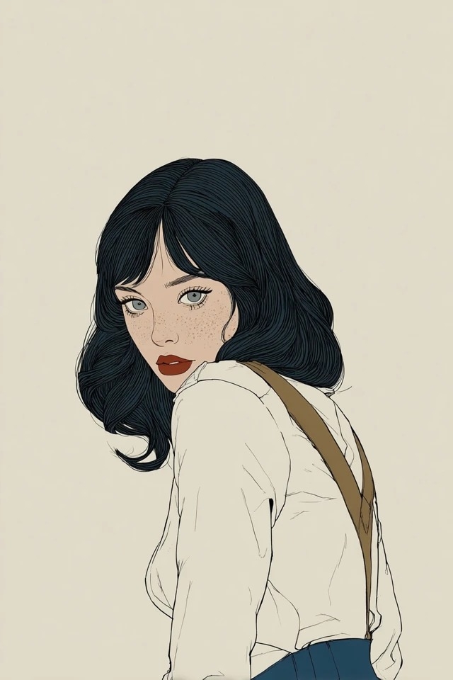 깨끗한 선과 부드러운 색조를 가진 미니멀리스트 복고 일러스트로, 패션 룩북 및 포스터 아트에 적합합니다