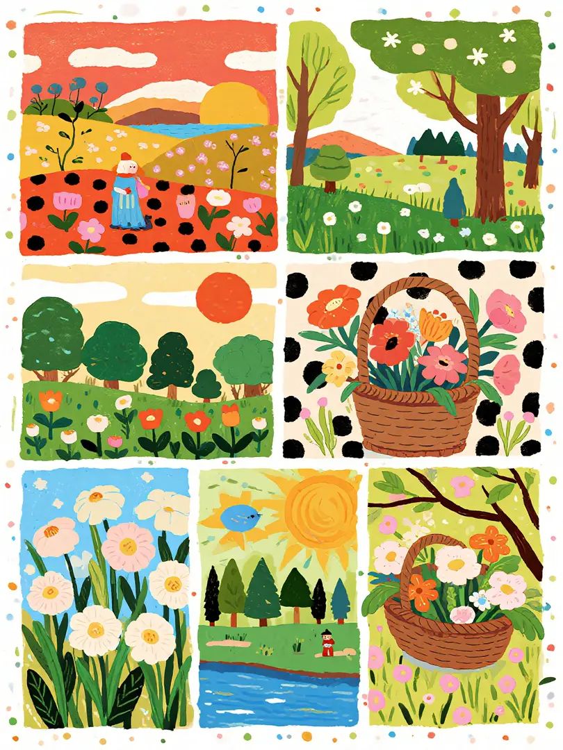 Describes the eclectic illustrations of the four seasons in Yayoi Kusama's style