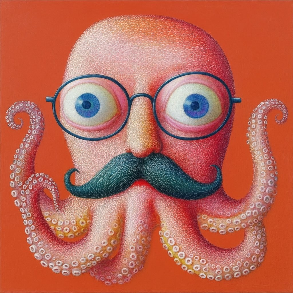 Das surrealistische Ölbild zeigt einen Gentleman-Oktopus mit einer Brille