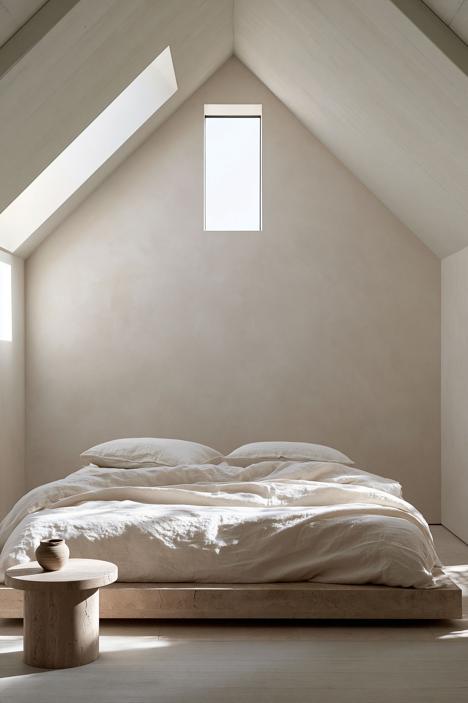 A bedroom featuring a tall vaulted white ceiling, a low cream linen bed under a skylight, and a round travertine side table