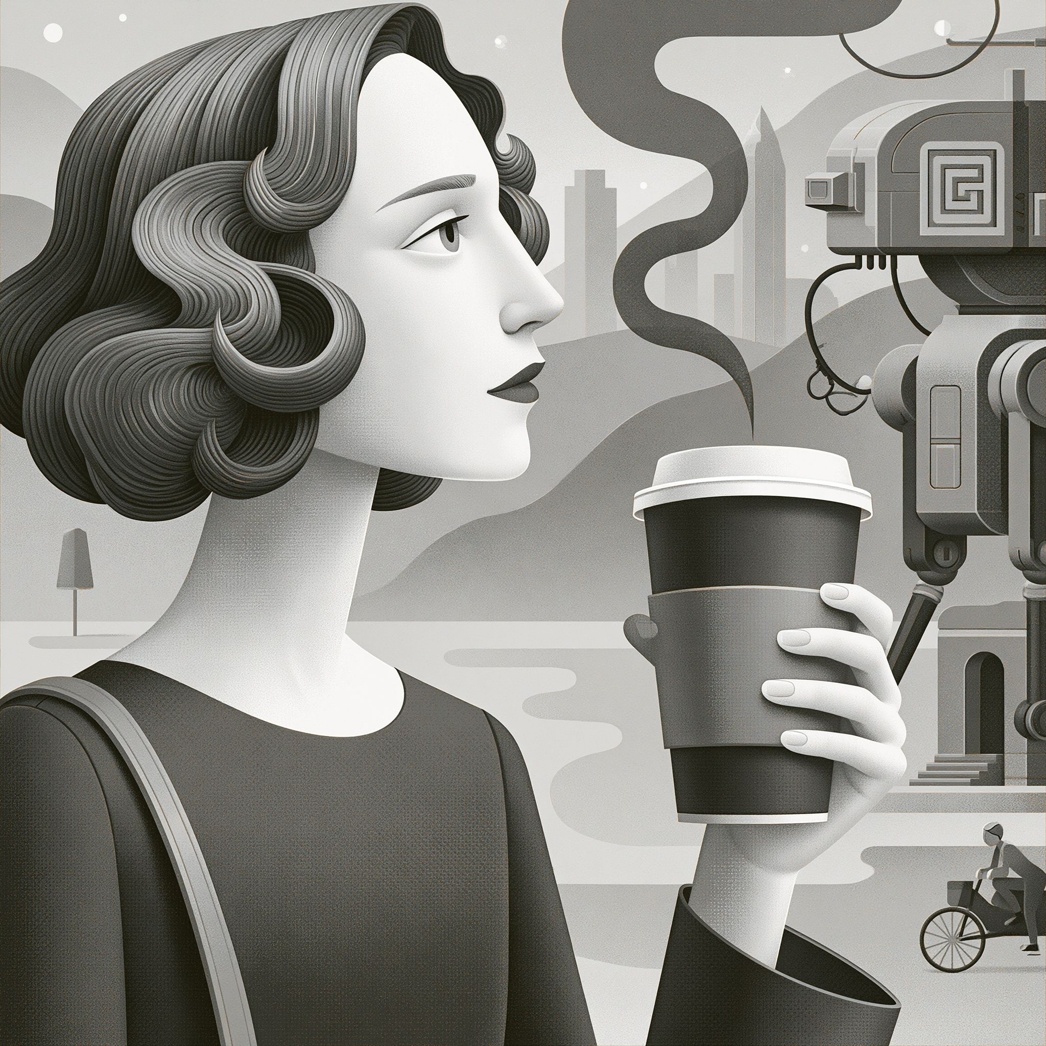 25th century urban woman coffee drinker in retrofuturism style