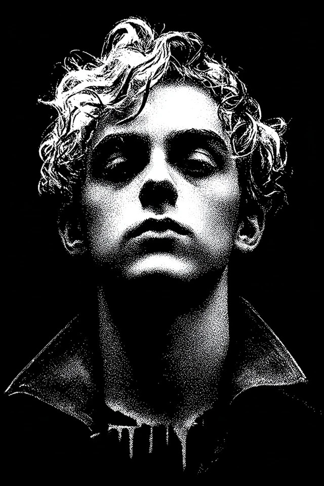 Hochkontrastierte monochrome Punktgravur, geeignet für Cover von Gothic-Horror-Büchern und Noir-Filmplakate