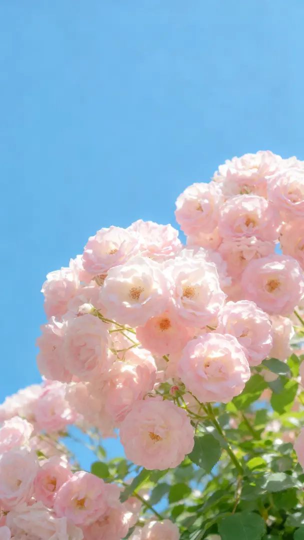 自然写真は、日差しの下での淡いピンクのバラの花の群れの新鮮な雰囲気を捉えています