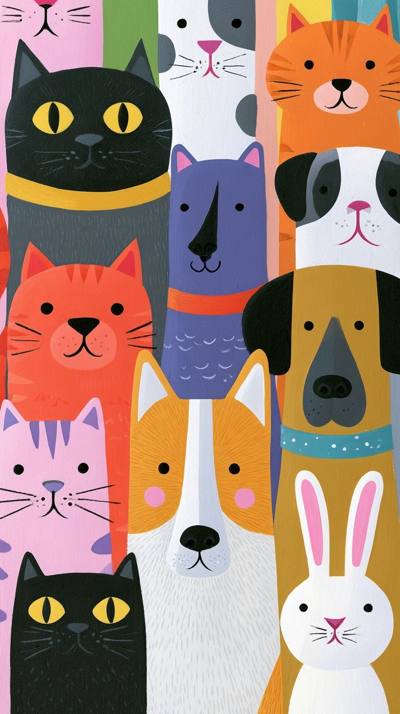 A gathering of pets showcasing cats, dogs, and a rabbit, conveying joy and companionship