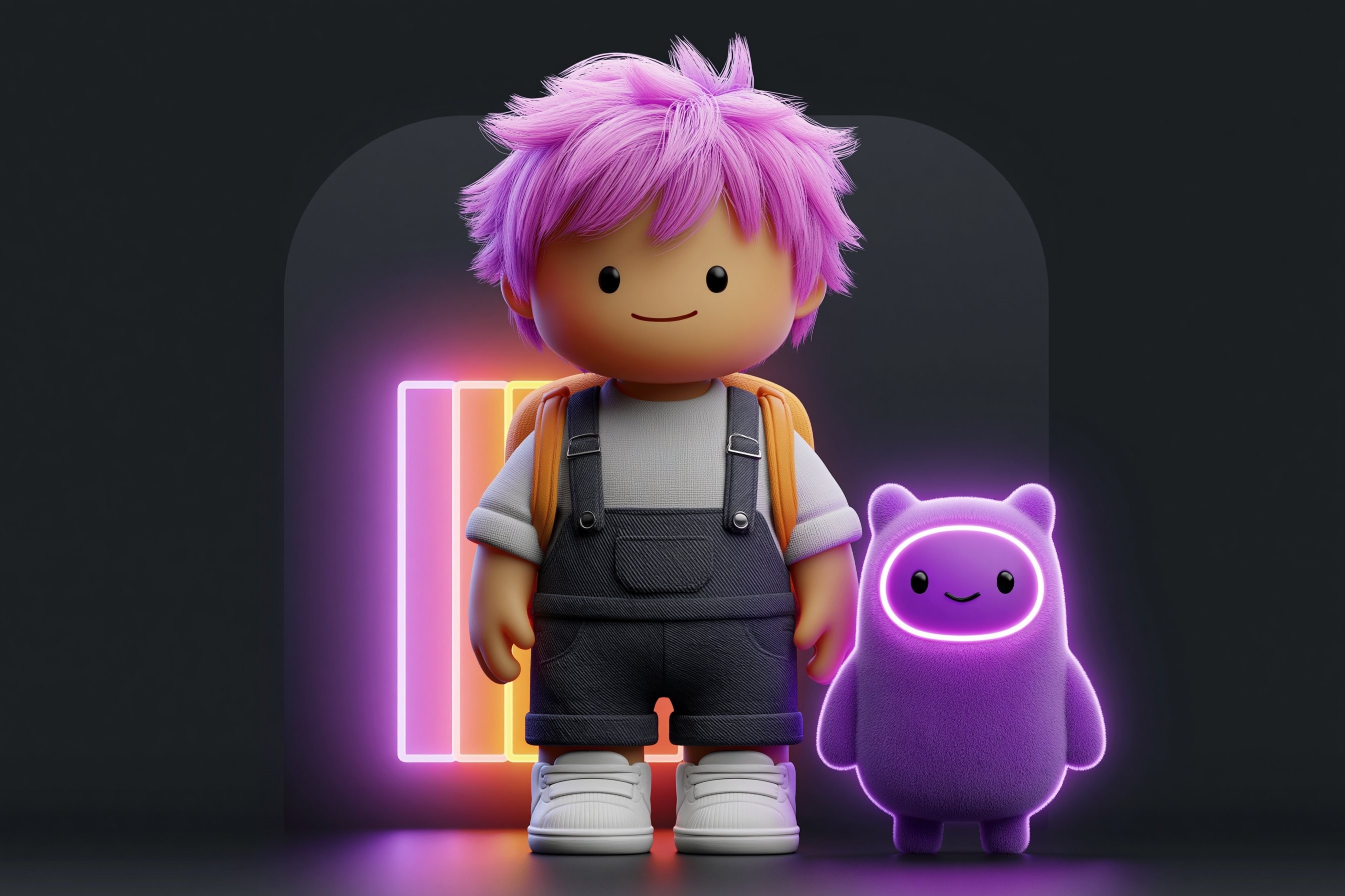 The scene features a character in denim overalls and a small purple creature