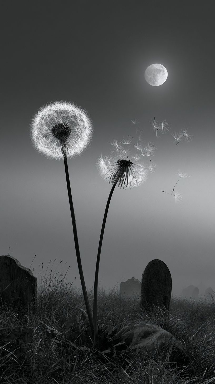 Two dandelions losing their feathers in a graveyard by moonlight