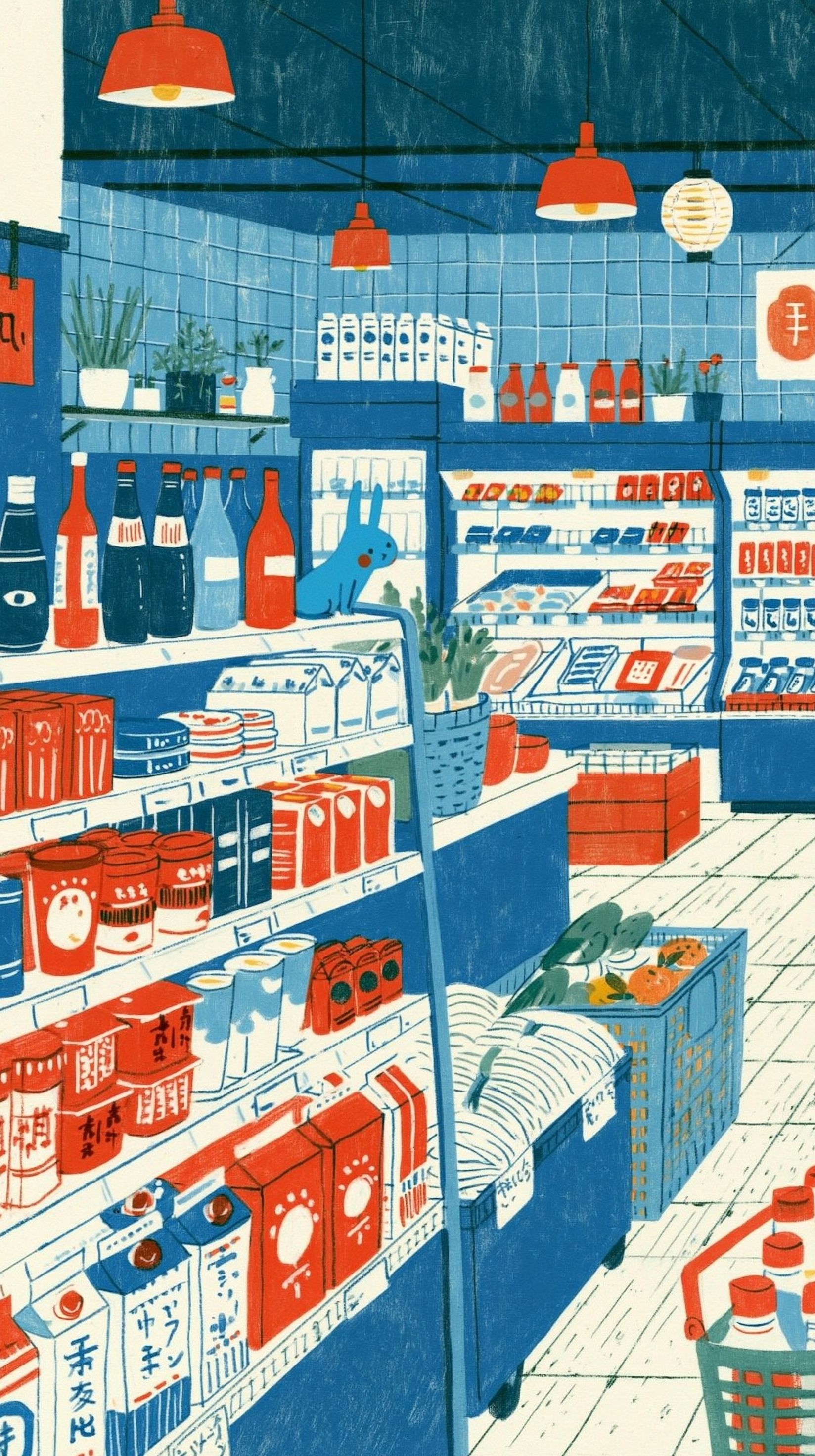 Wide shot of a supermarket aisle