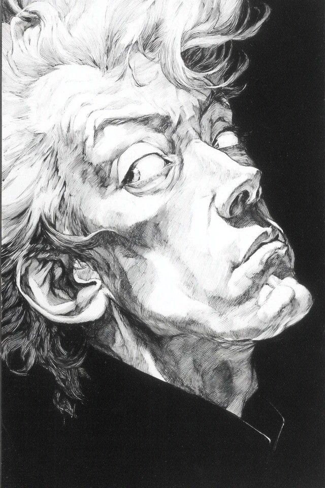 Illustration en encre monochrome à fort contraste, adaptée pour des couvertures de livres d'horreur gothique