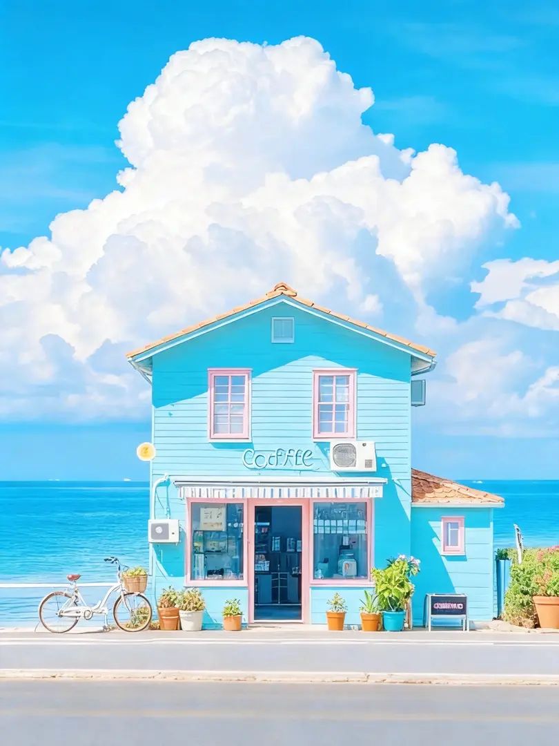 描述一个夏日清新的场景，包含蓝天、白云、蓝色小屋和复古自行车