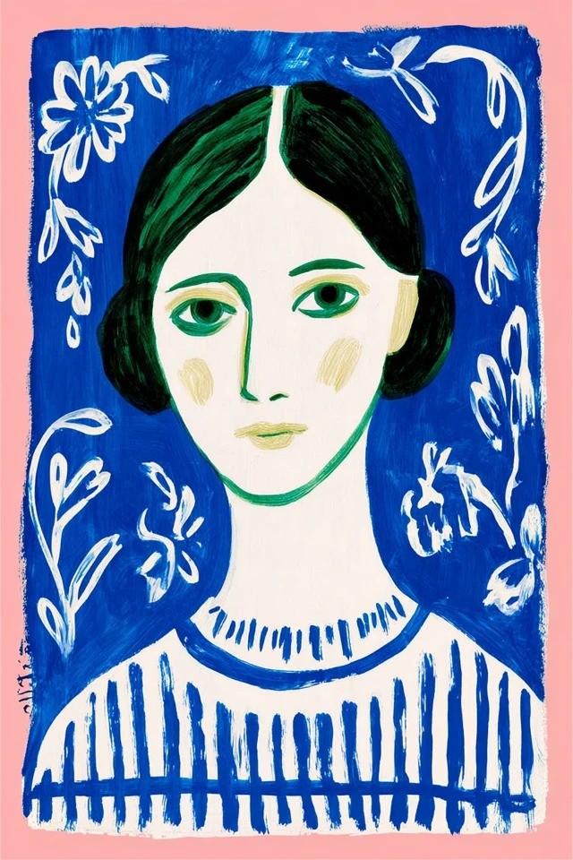 Bold flat-color gouache painting with a cobalt blue field and soft pink border featuring stylized white botanical motifs suitable for editorial illustration and fashion prints