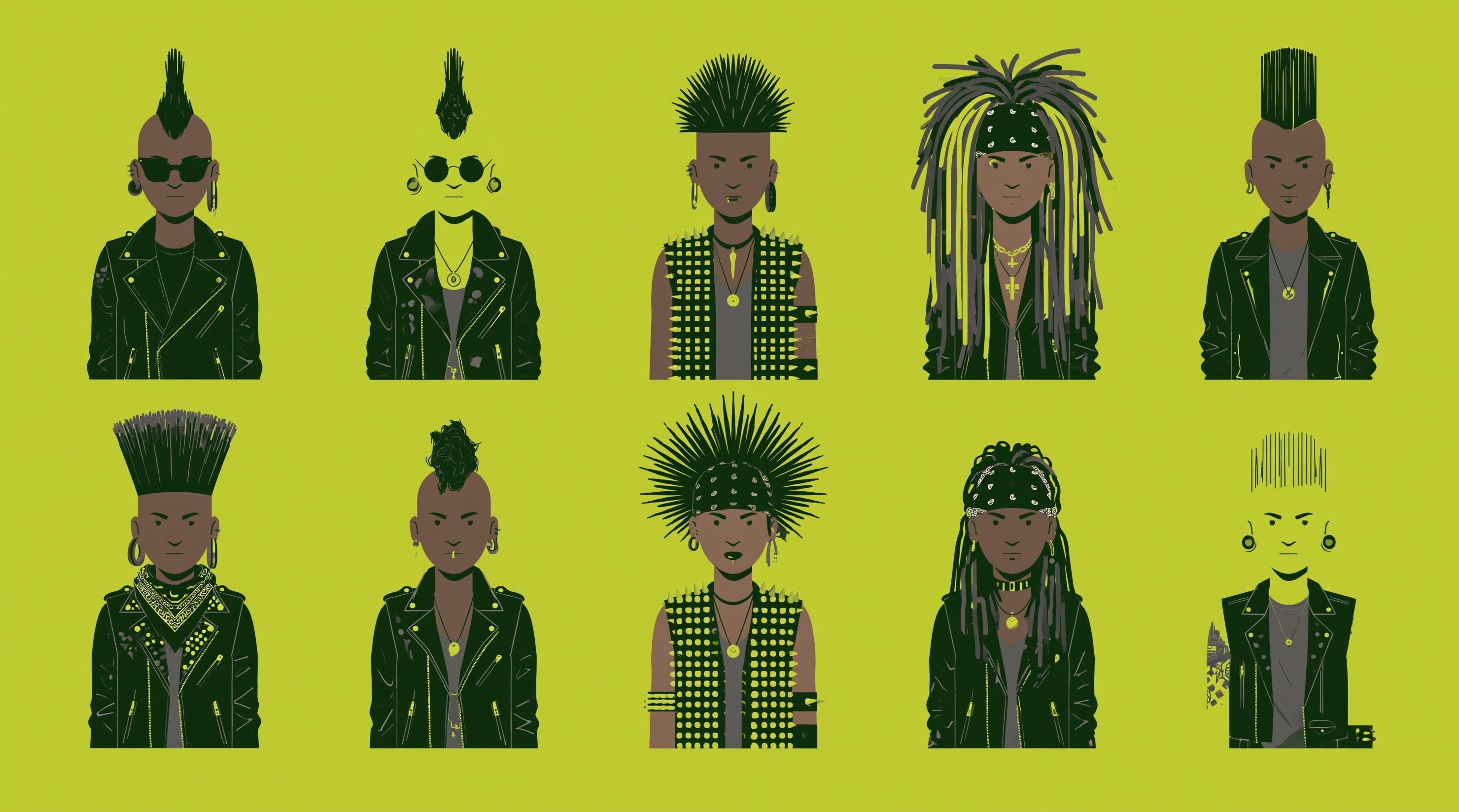 Zehn Cartoon-Avatare zeigen eine Punk-Rock-Ästhetik, angeordnet in einem 2x5-Raster vor einem lebhaften limonengrünen Hintergrund